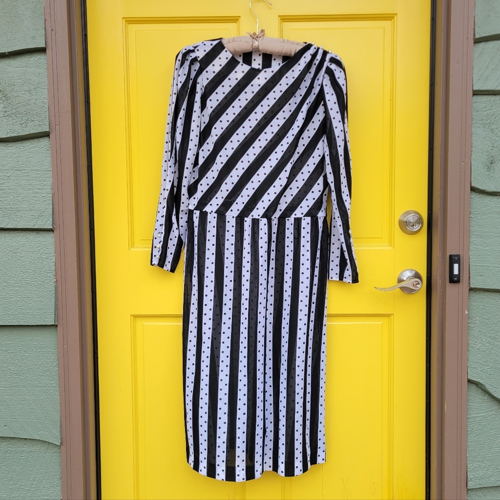 Vintage 90s Ms Sugar Polka Dot Stripe Midi Dress Puff Sleeve Faux Pearl Buttons